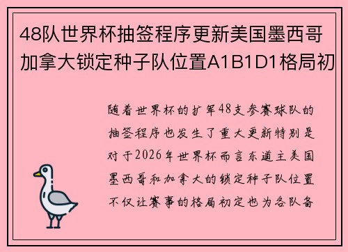 48队世界杯抽签程序更新美国墨西哥加拿大锁定种子队位置A1B1D1格局初定