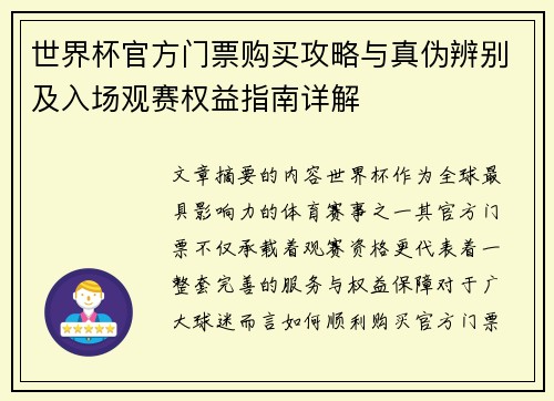 世界杯官方门票购买攻略与真伪辨别及入场观赛权益指南详解